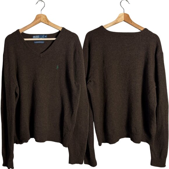 Vintage Polo Ralph Lauren 100% Lambs Wool V-Neck Sweater Pullover Men's XL Brown